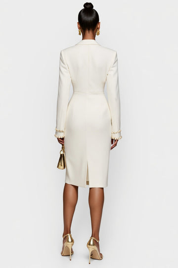 Witte Double Breasted Peak Lapel Bodycon Midi Werkjurk